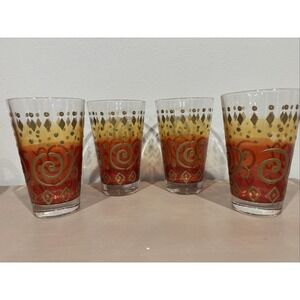Set Of 4 VTG Cerve Italy Drinking Glasses Red Yellow Gold Swirls Dash Dots